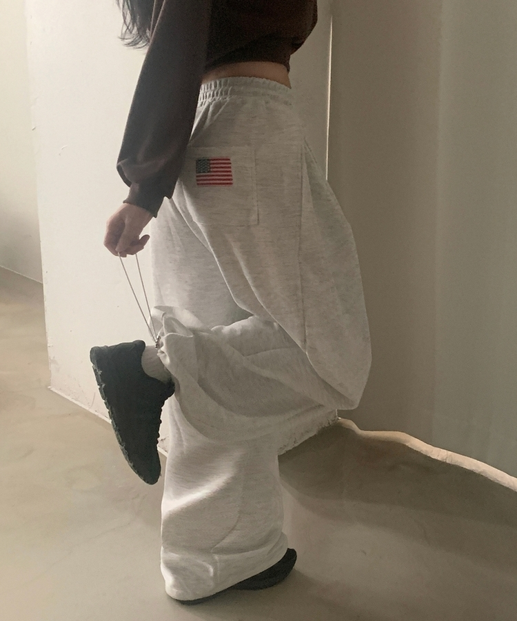 아메리카 사이드 핀턱 스트링 롱와이드 추리닝 밴딩팬츠 백메란지