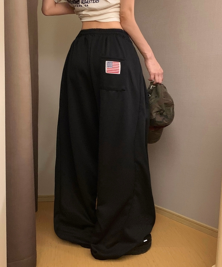 아메리카 사이드 핀턱 스트링 롱와이드 추리닝 밴딩팬츠 블랙