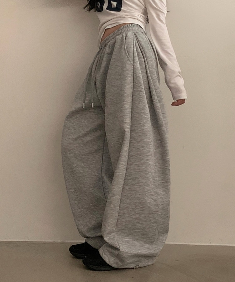 아메리카 사이드 핀턱 스트링 롱와이드 추리닝 밴딩팬츠 그레이