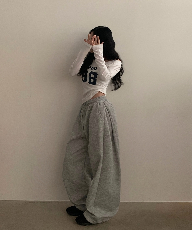 아메리카 사이드 핀턱 스트링 롱와이드 추리닝 밴딩팬츠 그레이