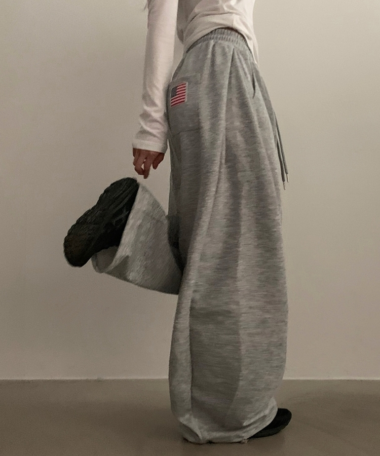 아메리카 사이드 핀턱 스트링 롱와이드 추리닝 밴딩팬츠 그레이