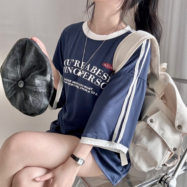 バイカラーレタリングTシャツ NAVY