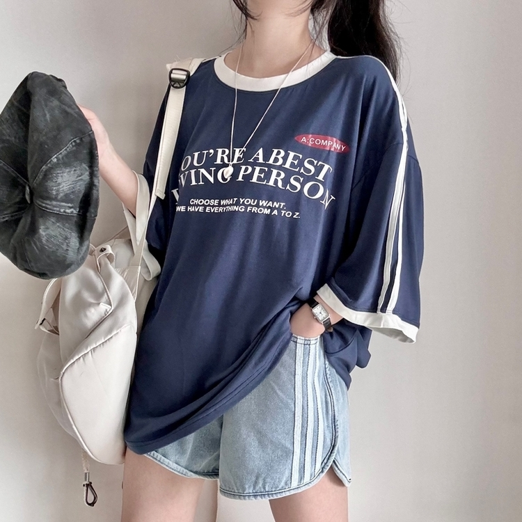 バイカラーレタリングTシャツ NAVY