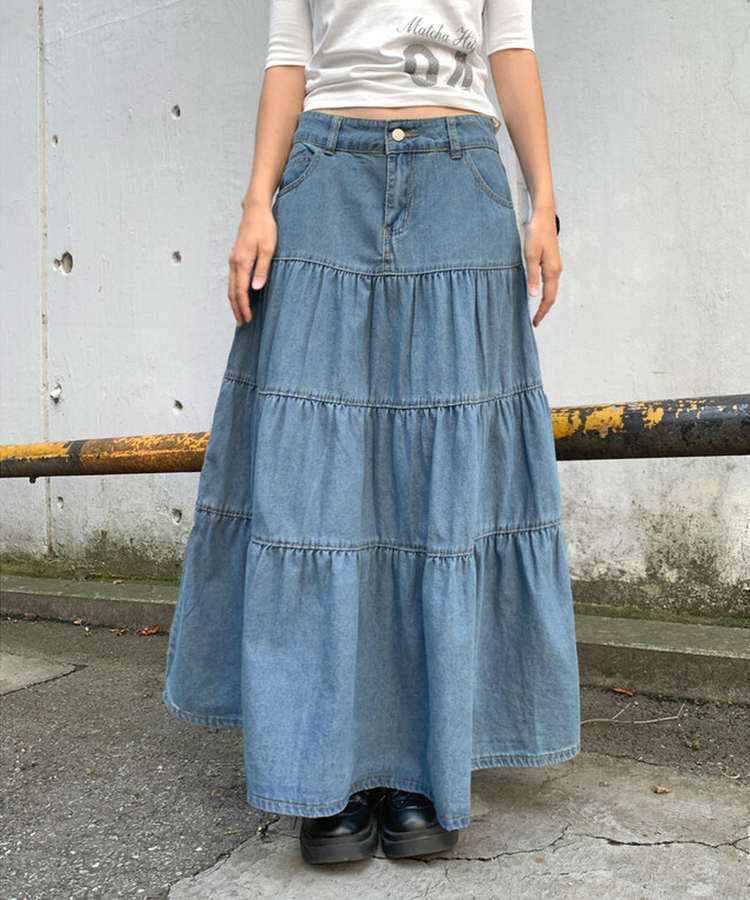 デニムティアードボタンロングスカート BLUE