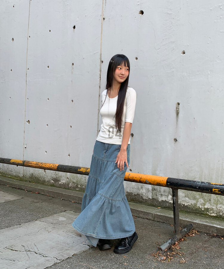 デニムティアードボタンロングスカート BLUE