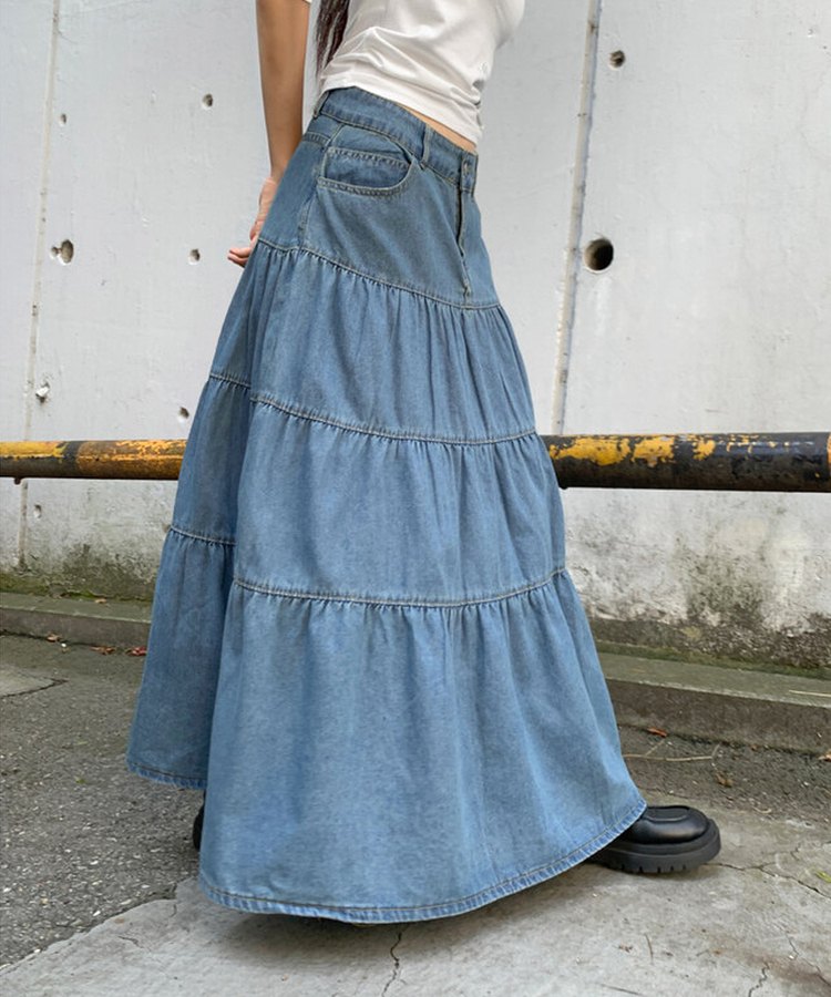 デニムティアードボタンロングスカート BLUE