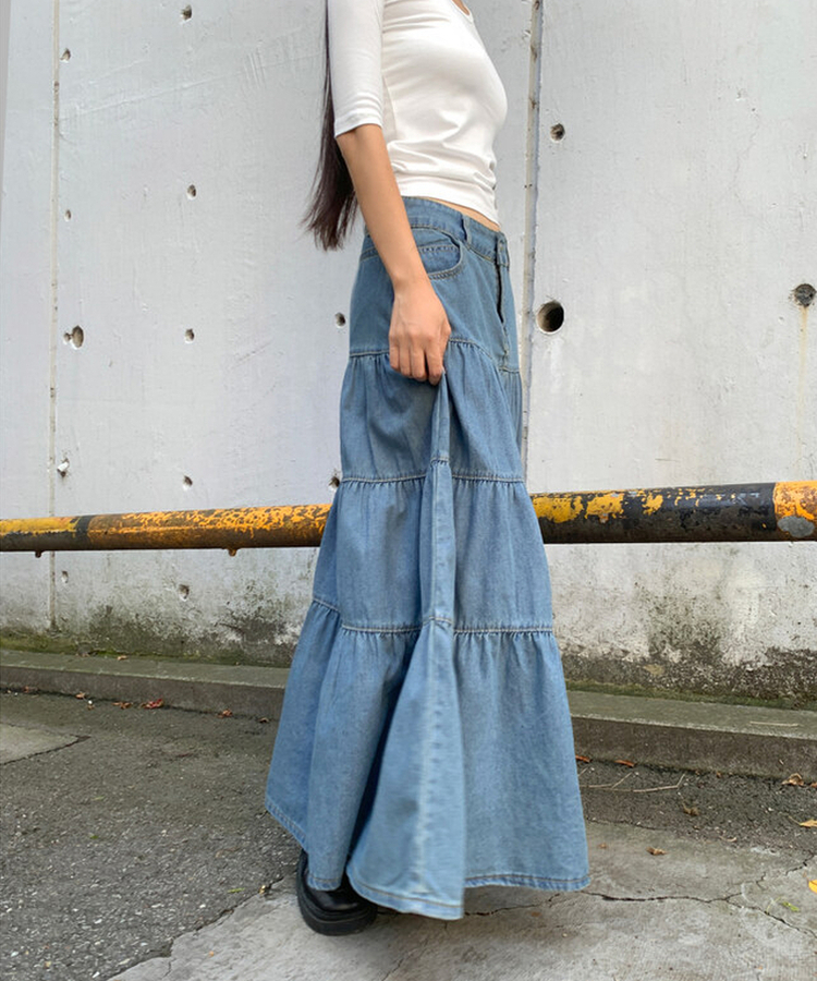デニムティアードボタンロングスカート BLUE