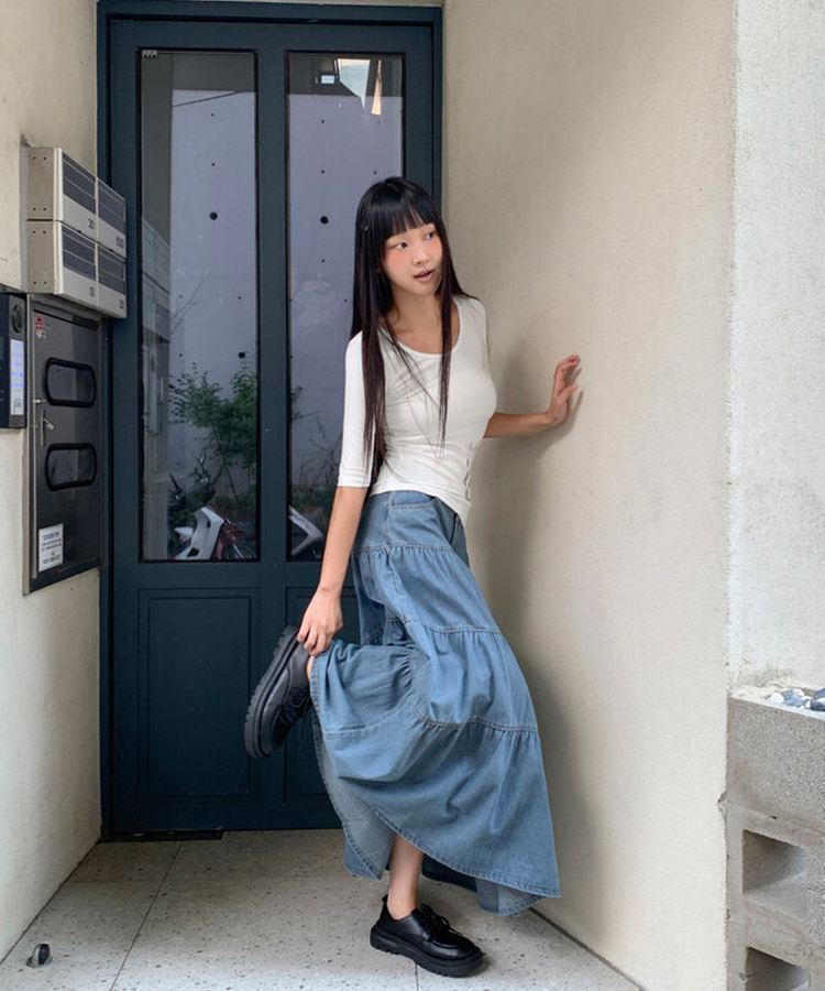 デニムティアードボタンロングスカート BLUE