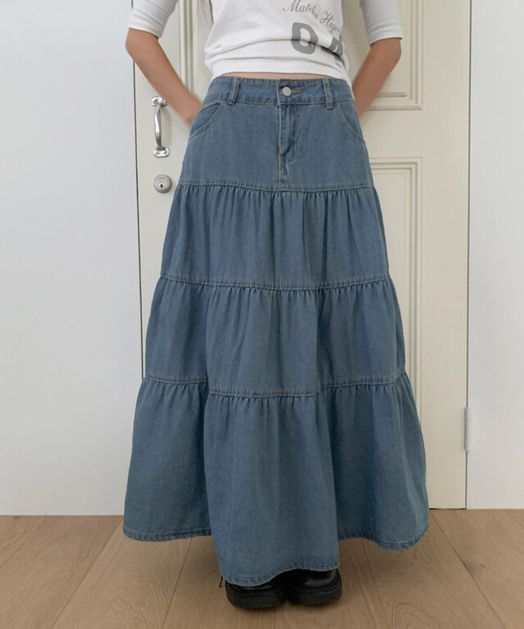 デニムティアードボタンロングスカート BLUE