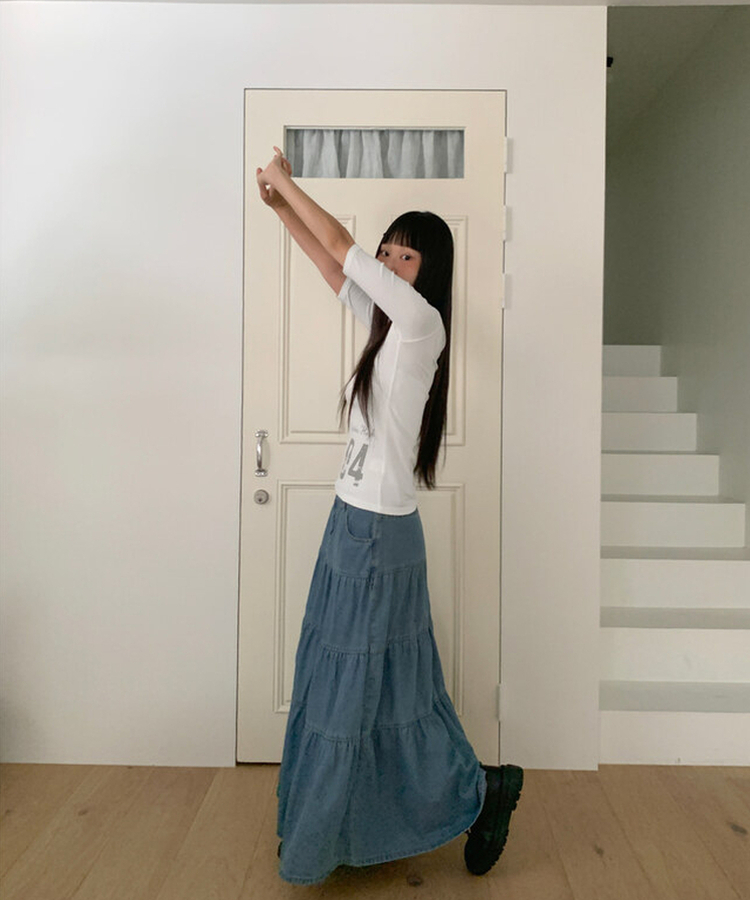 デニムティアードボタンロングスカート BLUE