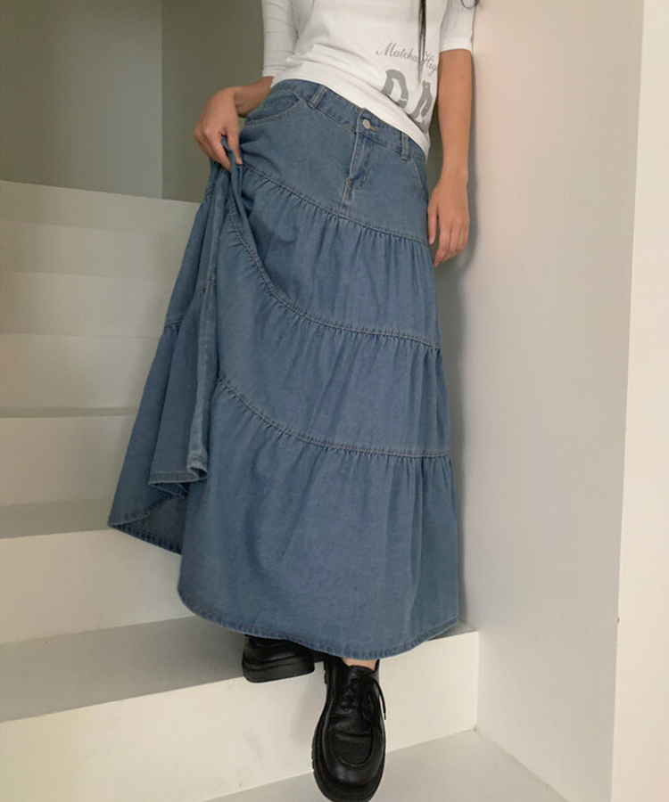 デニムティアードボタンロングスカート BLUE