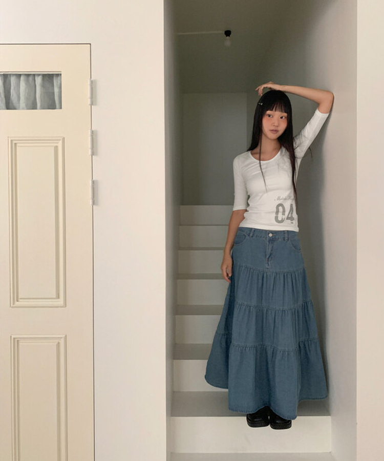 デニムティアードボタンロングスカート BLUE