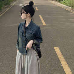 セミクロップロールアップデニムシャツ MID DENIM