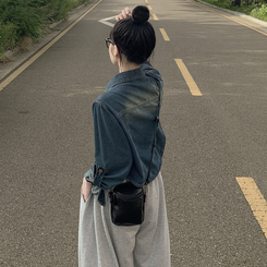 セミクロップロールアップデニムシャツ MID DENIM