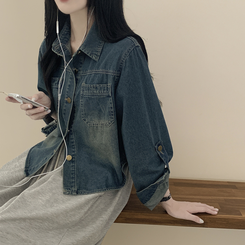 セミクロップロールアップデニムシャツ MID DENIM