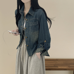 セミクロップロールアップデニムシャツ MID DENIM