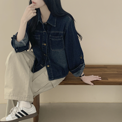 セミクロップロールアップデニムシャツ DEEP DENIM