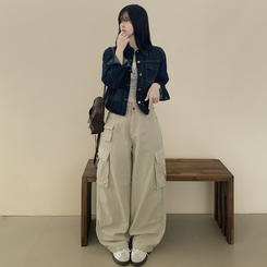 セミクロップロールアップデニムシャツ DEEP DENIM