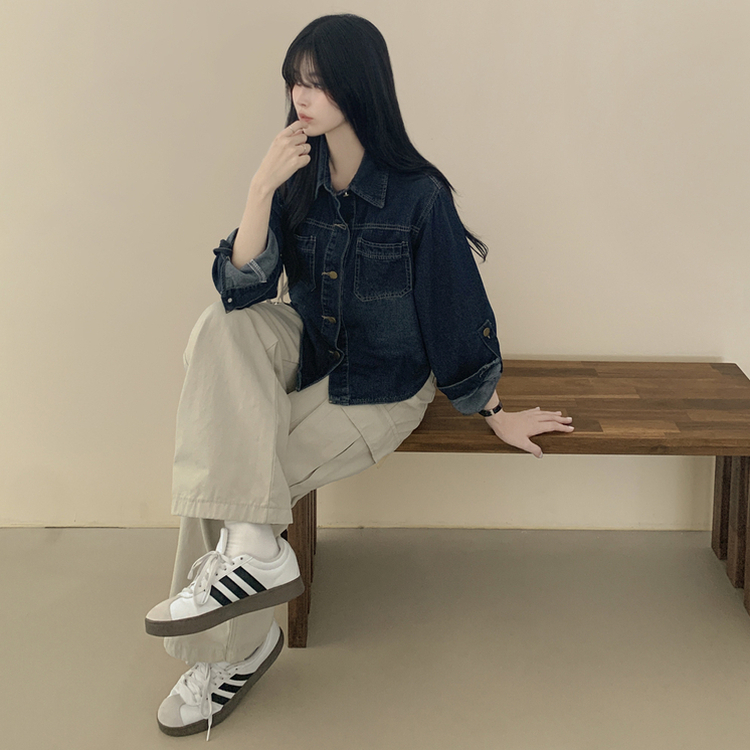 긴팔ver 빈티지 워싱 밑단굴림 세미크롭 롤업 데님셔츠 긴팔 청남방 데님자켓 진청