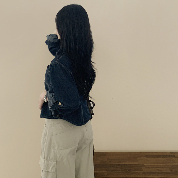 긴팔ver 빈티지 워싱 밑단굴림 세미크롭 롤업 데님셔츠 긴팔 청남방 데님자켓 진청