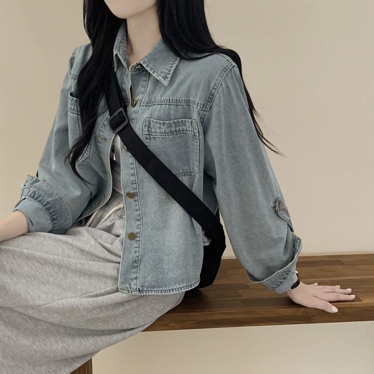 긴팔ver 빈티지 워싱 밑단굴림 세미크롭 롤업 데님셔츠 긴팔 청남방 데님자켓 연청