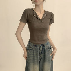 ラウンドボタン半袖Tシャツ(5color) KHAKI