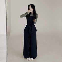 【3psSET】シャーリングビスチェ Tシャツ ワイドパンツ NAVY