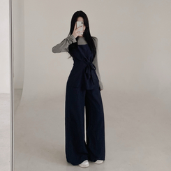 【3psSET】シャーリングビスチェ Tシャツ ワイドパンツ NAVY