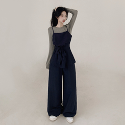 【3psSET】シャーリングビスチェ Tシャツ ワイドパンツ NAVY