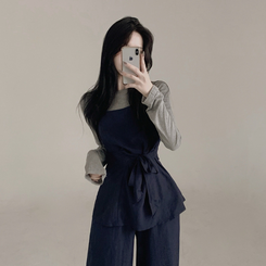 【3psSET】シャーリングビスチェ Tシャツ ワイドパンツ NAVY