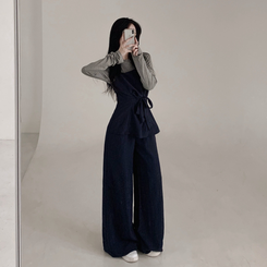 【3psSET】シャーリングビスチェ Tシャツ ワイドパンツ NAVY