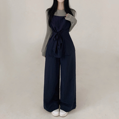 【3psSET】シャーリングビスチェ Tシャツ ワイドパンツ NAVY