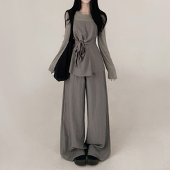 【3psSET】シャーリングビスチェ Tシャツ ワイドパンツ GREY