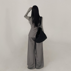 【3psSET】シャーリングビスチェ Tシャツ ワイドパンツ GREY