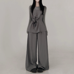 【3psSET】シャーリングビスチェ Tシャツ ワイドパンツ GREY