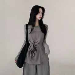 【3psSET】シャーリングビスチェ Tシャツ ワイドパンツ GREY