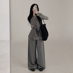 【3psSET】シャーリングビスチェ Tシャツ ワイドパンツ GREY