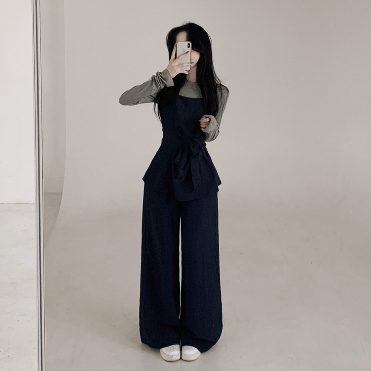 【3psSET】シャーリングビスチェ Tシャツ ワイドパンツ NAVY