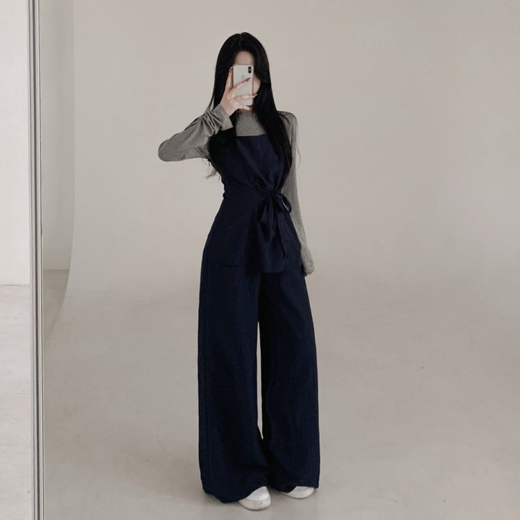 【3psSET】シャーリングビスチェ Tシャツ ワイドパンツ NAVY