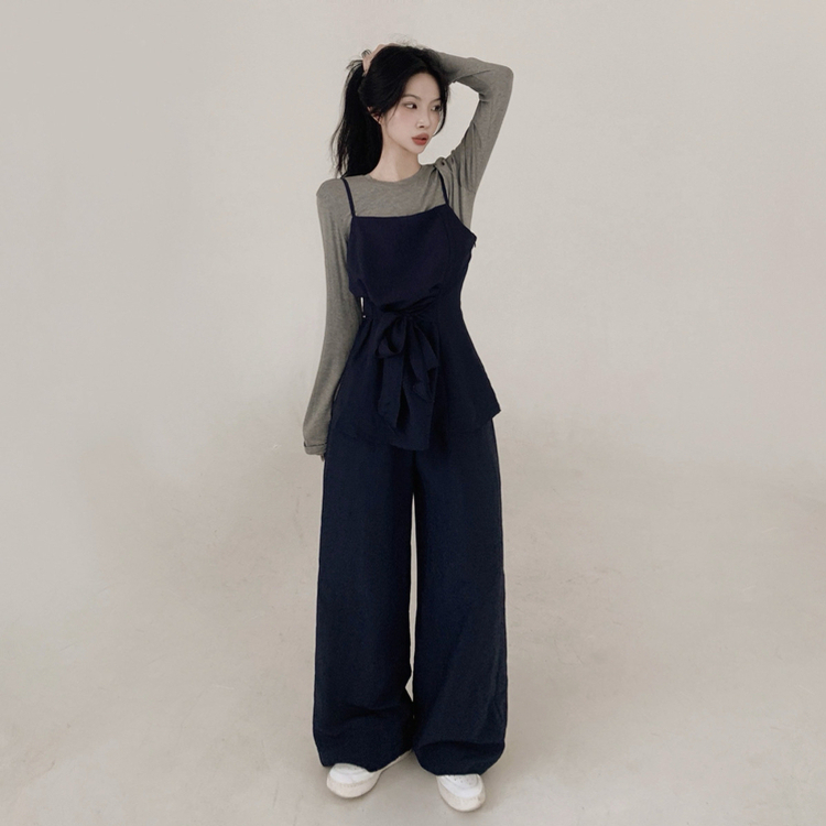 【3psSET】シャーリングビスチェ Tシャツ ワイドパンツ NAVY