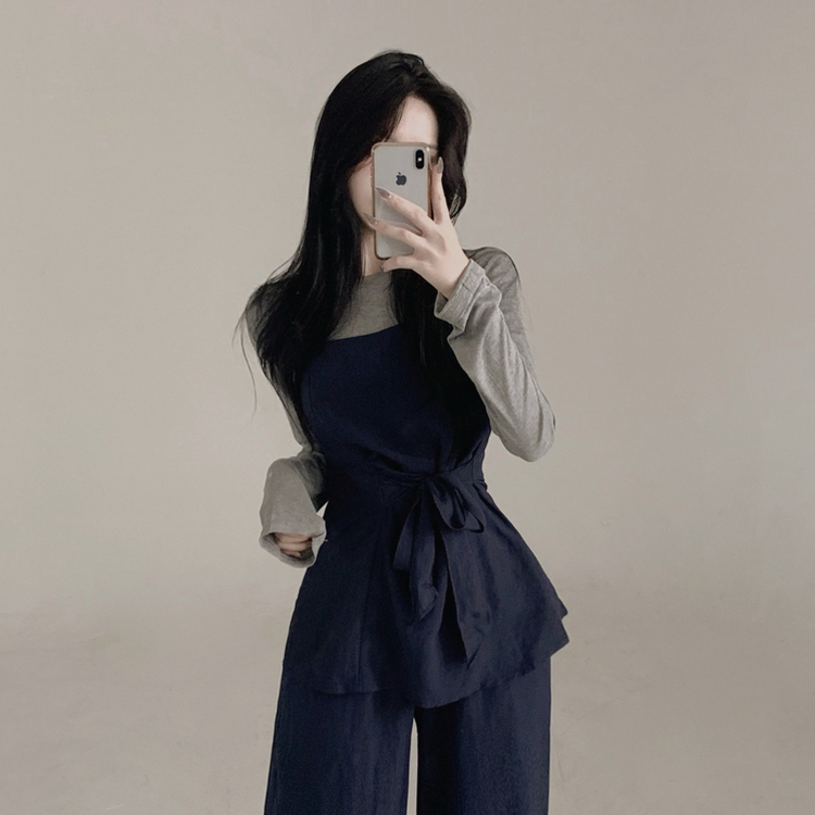 【3psSET】シャーリングビスチェ Tシャツ ワイドパンツ NAVY