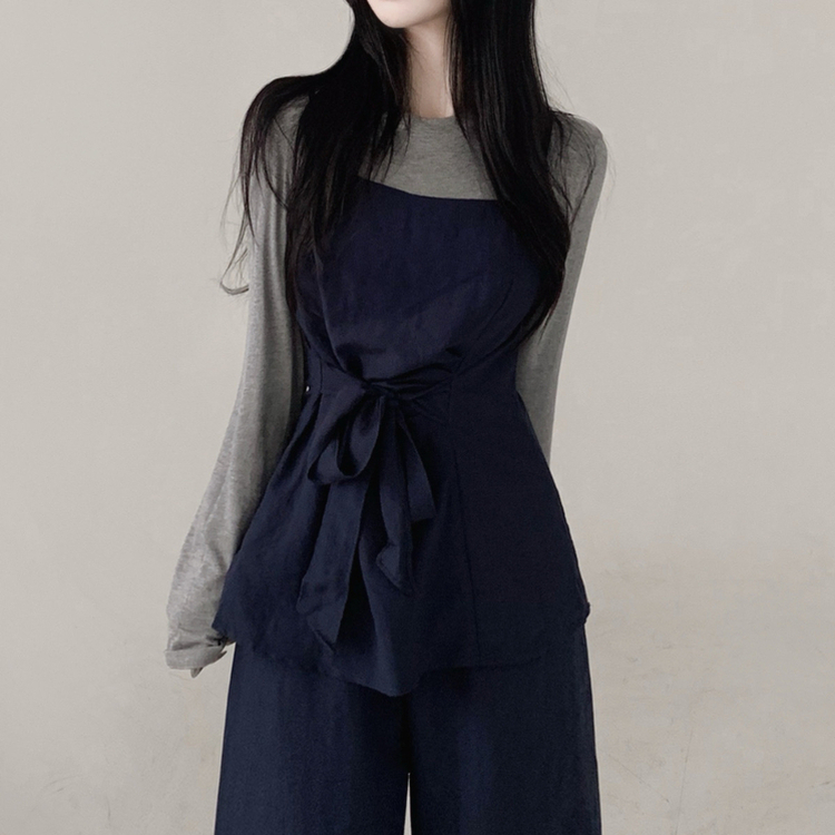 【3psSET】シャーリングビスチェ Tシャツ ワイドパンツ NAVY