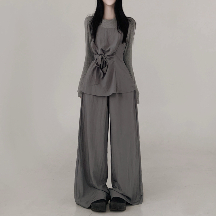 【3psSET】シャーリングビスチェ Tシャツ ワイドパンツ GREY