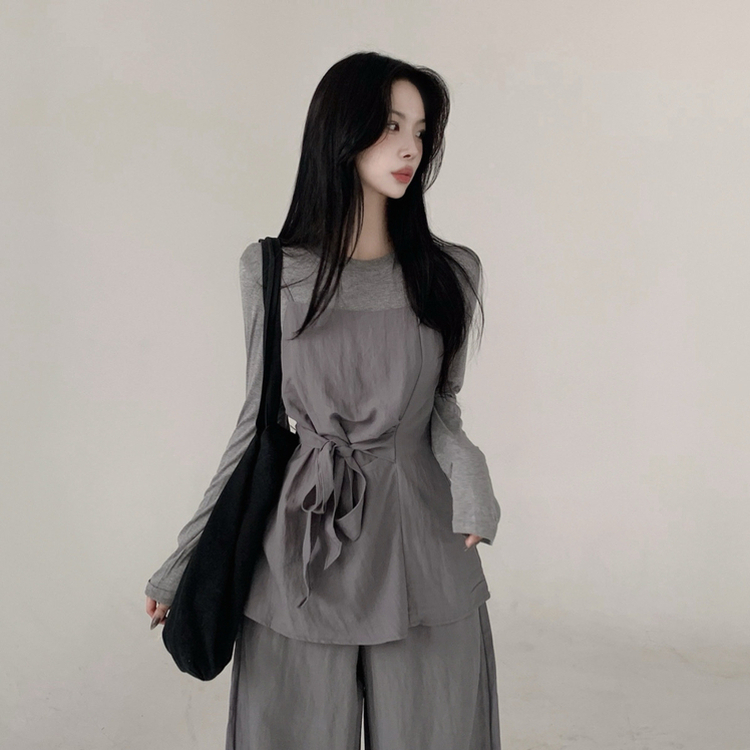 【3psSET】シャーリングビスチェ Tシャツ ワイドパンツ GREY