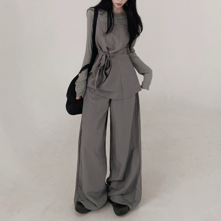 【3psSET】シャーリングビスチェ Tシャツ ワイドパンツ GREY