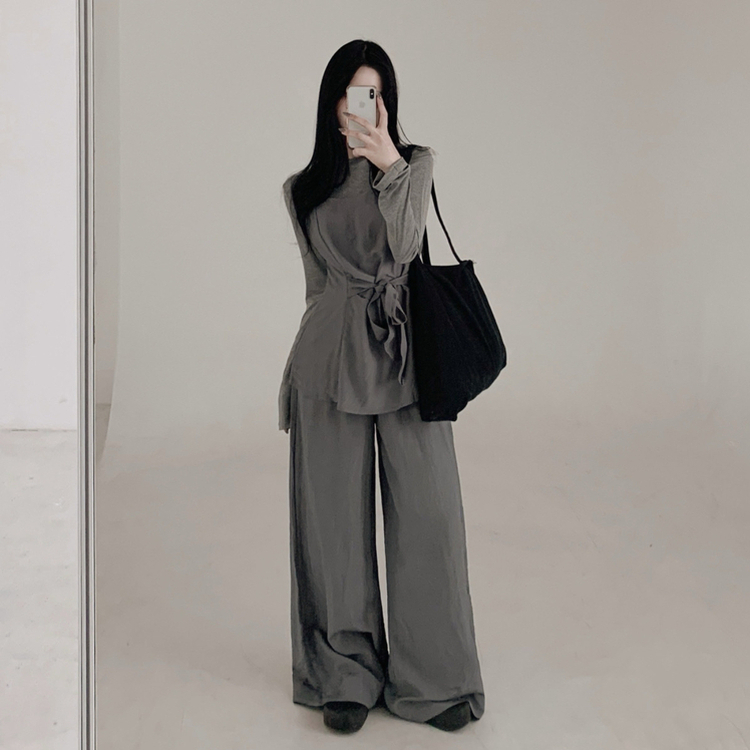 【3psSET】シャーリングビスチェ Tシャツ ワイドパンツ GREY