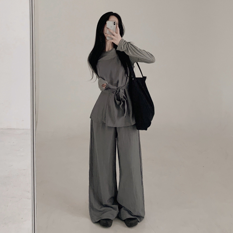 【3psSET】シャーリングビスチェ Tシャツ ワイドパンツ GREY