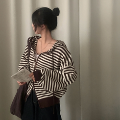 ストライプフードニットジップアップ｜ジャンパー｜韓国ファッション
