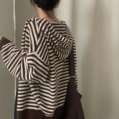 ストライプフードニットジップアップ｜ジャンパー｜韓国ファッション