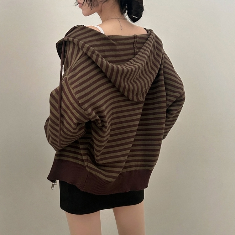ストライプフードニットジップアップ｜ジャンパー｜韓国ファッション